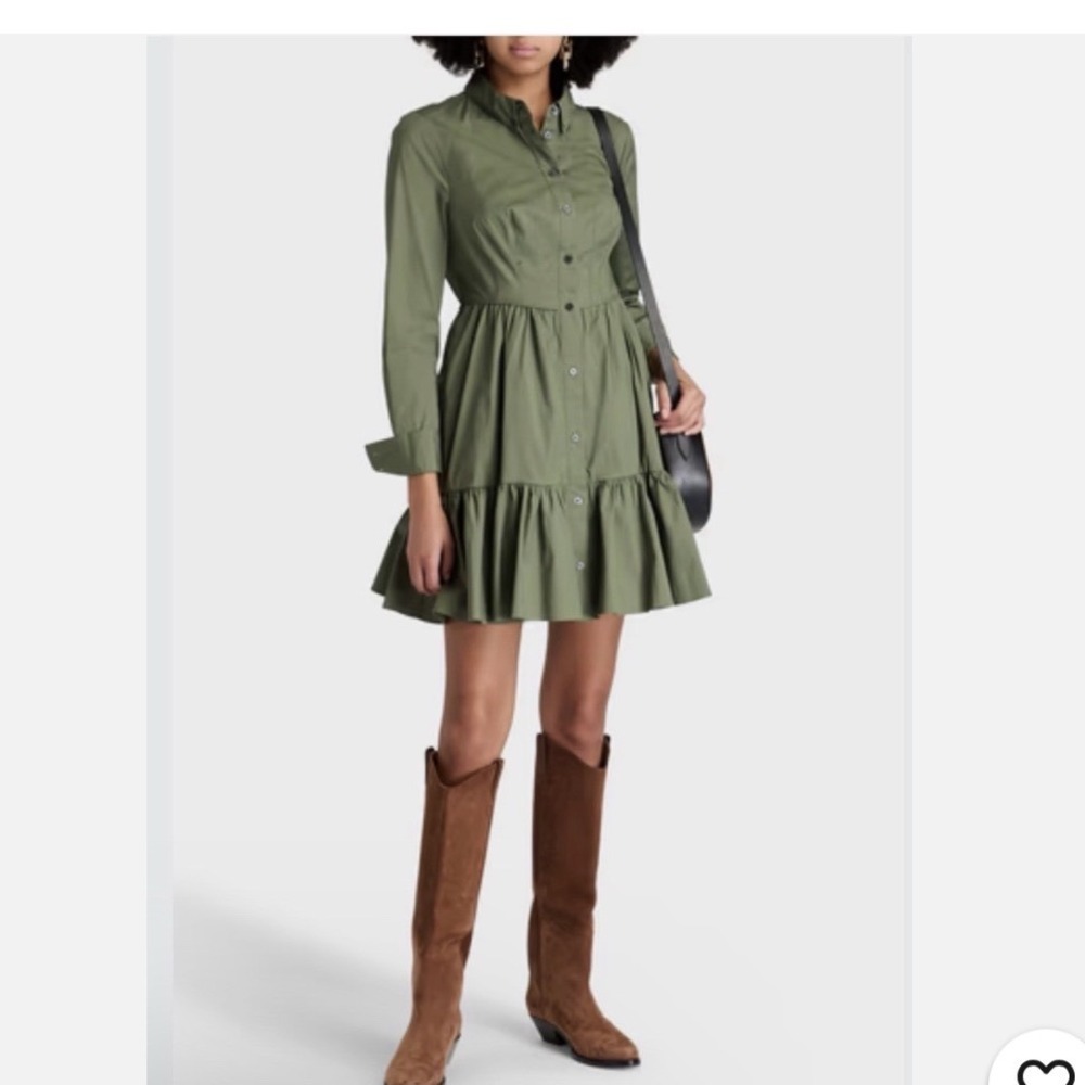 Veronica‎ Beard Delbie Stone ArmyGreen Button Down Tiered Mini Dress Size 6